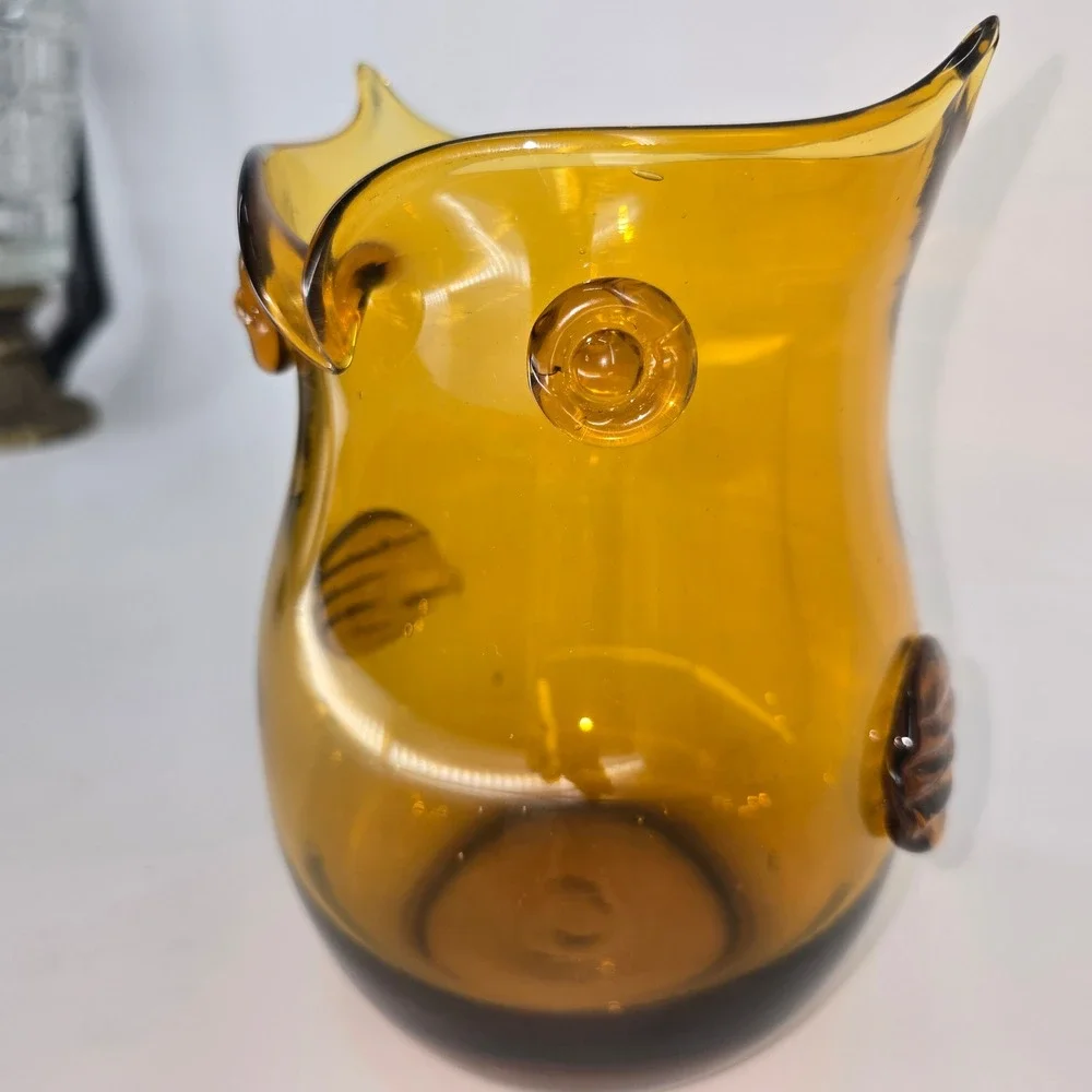 Vintage Pier 1 Amber Art Glass Owl Vase Pitcher Mid Century Modern Decor 8in